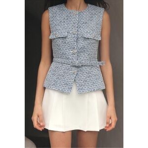 ZARA M Blue Tweed Textured Belted Vest Waistcoat NWT